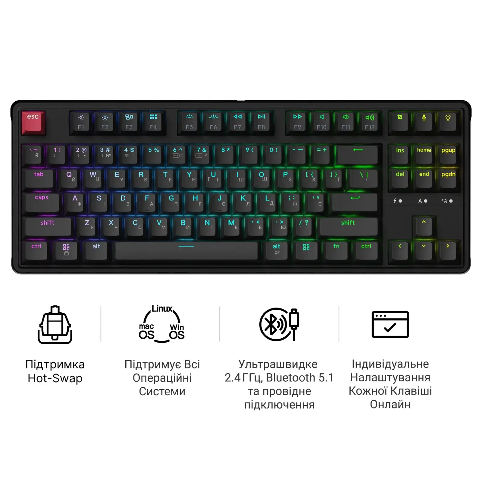 Клавіатура бездротова Keychron C3 Max Super Red Switch Black RGB (C3M-H1-UA) UA