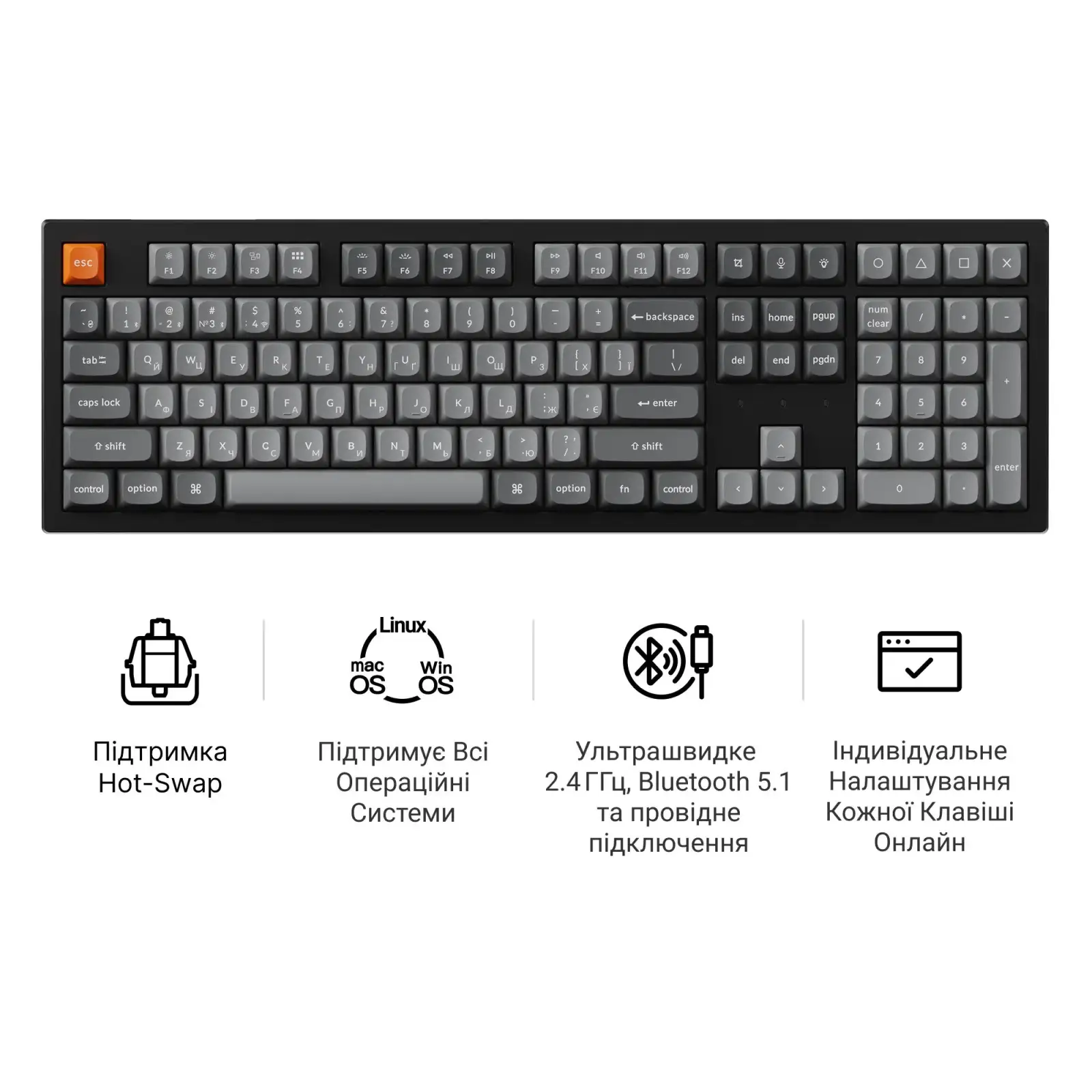 Клавіатура бездротова Keychron K10 Max Keychron Super Banana Switch Black RGB (K10M-H4-UA) UA