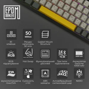 Клавиатура беспроводная Epomaker AK820 Pro 75% Gift Switch Hot-Swap (2.4G/BT/USB) LCD Screen RGB UA Black (AK820-PRO-B-G) UA
