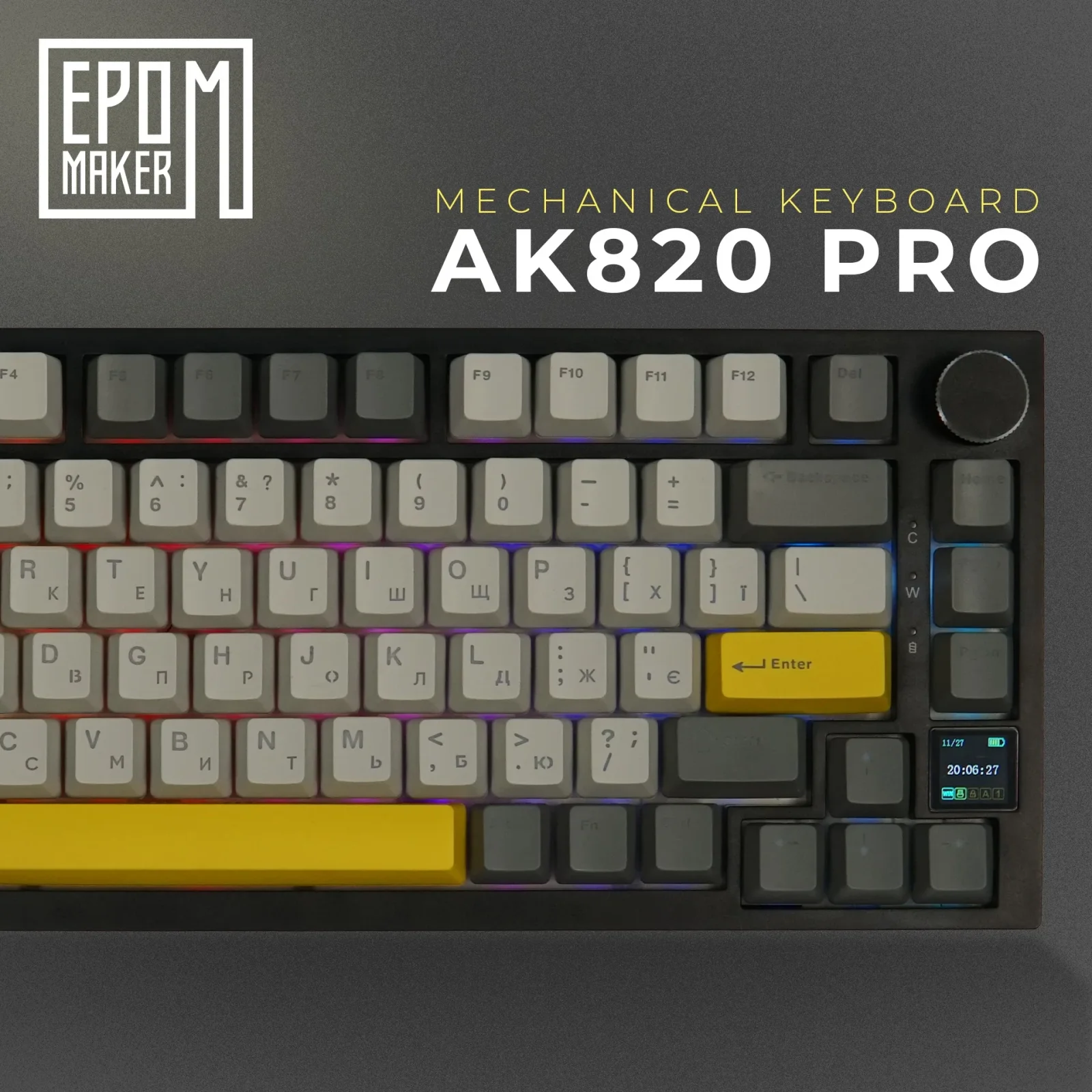 Клавиатура беспроводная Epomaker AK820 Pro 75% Gift Switch Hot-Swap (2.4G/BT/USB) LCD Screen RGB UA Black (AK820-PRO-B-G) UA