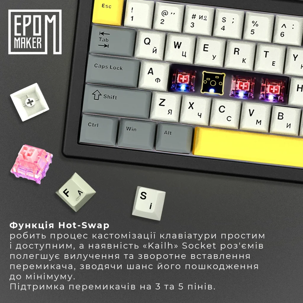 Клавіатура бездротова Epomaker EK68 65% Flamingo Switch Hot-Swap (2.4G/BT/USB) RGB UA Black (EK68-B-F) UA