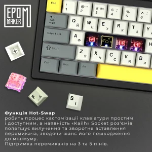 Клавіатура бездротова Epomaker EK68 65% Flamingo Switch Hot-Swap (2.4G/BT/USB) RGB UA Black (EK68-B-F) UA