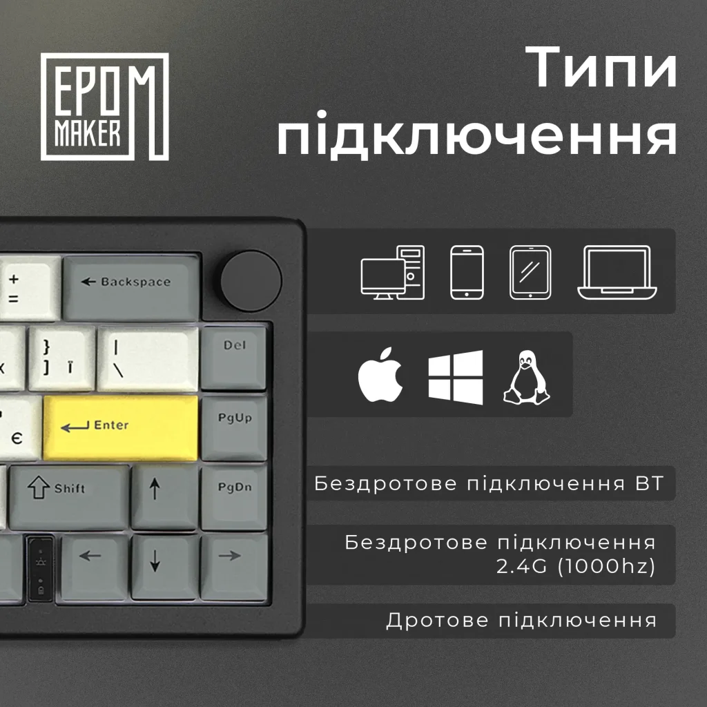 Клавіатура бездротова Epomaker EK68 65% Flamingo Switch Hot-Swap (2.4G/BT/USB) RGB UA Black (EK68-B-F) UA