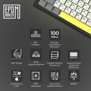Клавіатура бездротова Epomaker EK68 65% Flamingo Switch Hot-Swap (2.4G/BT/USB) RGB UA Black (EK68-B-F) UA