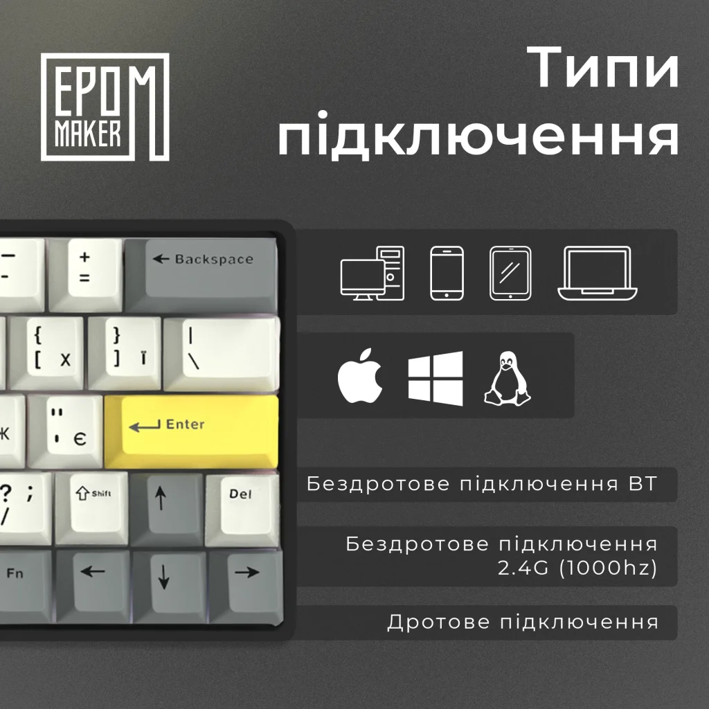 Клавиатура беспроводная Epomaker EP64 60% Mulan Switch Hot-Swap (2.4G/BT/USB) RGB UA Black (EP64-B-M) UA