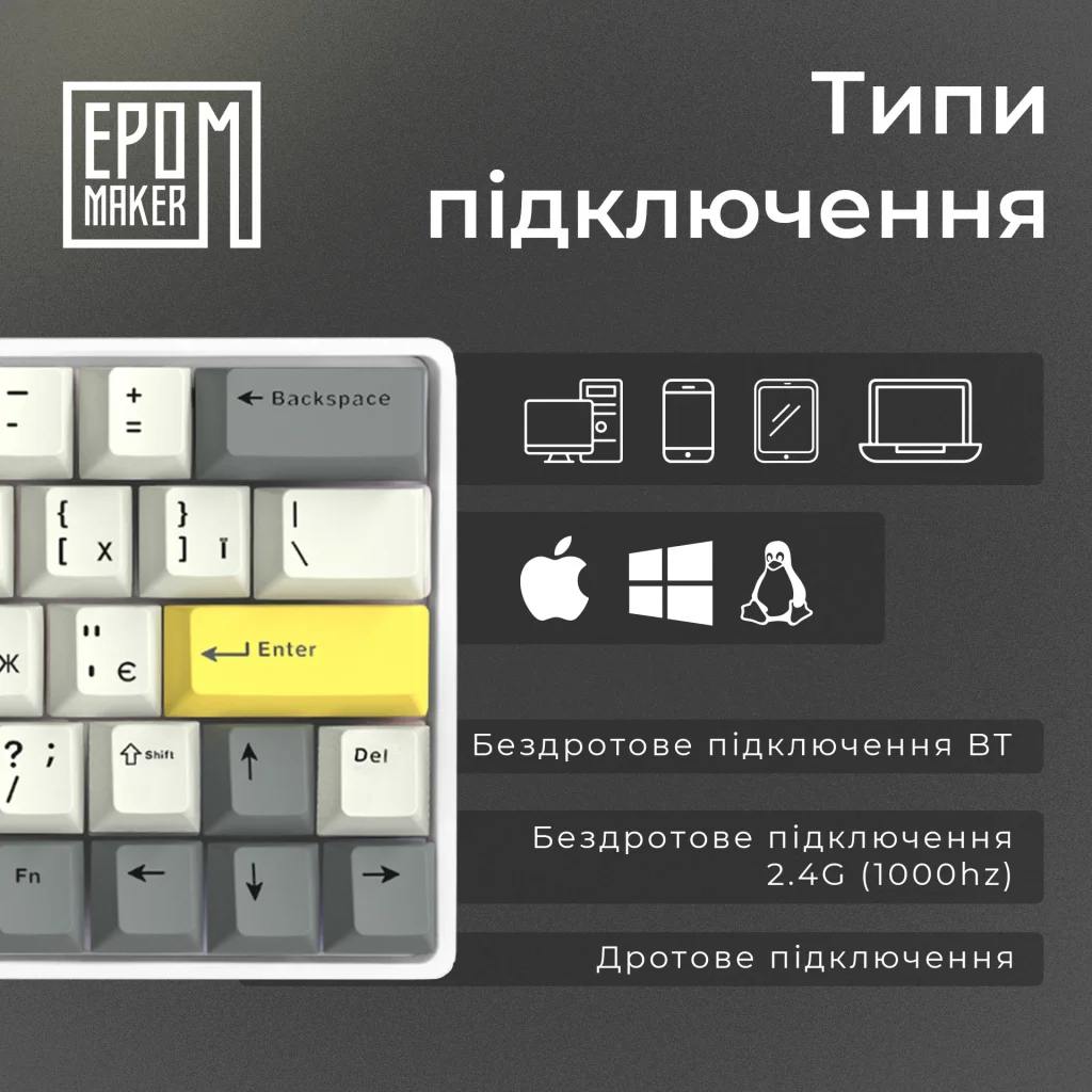 Клавіатура бездротова Epomaker EP64 60% Mulan Switch Hot-Swap (2.4G/BT/USB) RGB UA White (EP64-W-M) UA