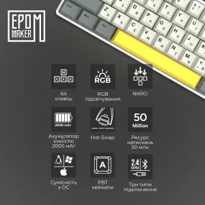 Клавіатура бездротова Epomaker EP64 60% Mulan Switch Hot-Swap (2.4G/BT/USB) RGB UA White (EP64-W-M) UA