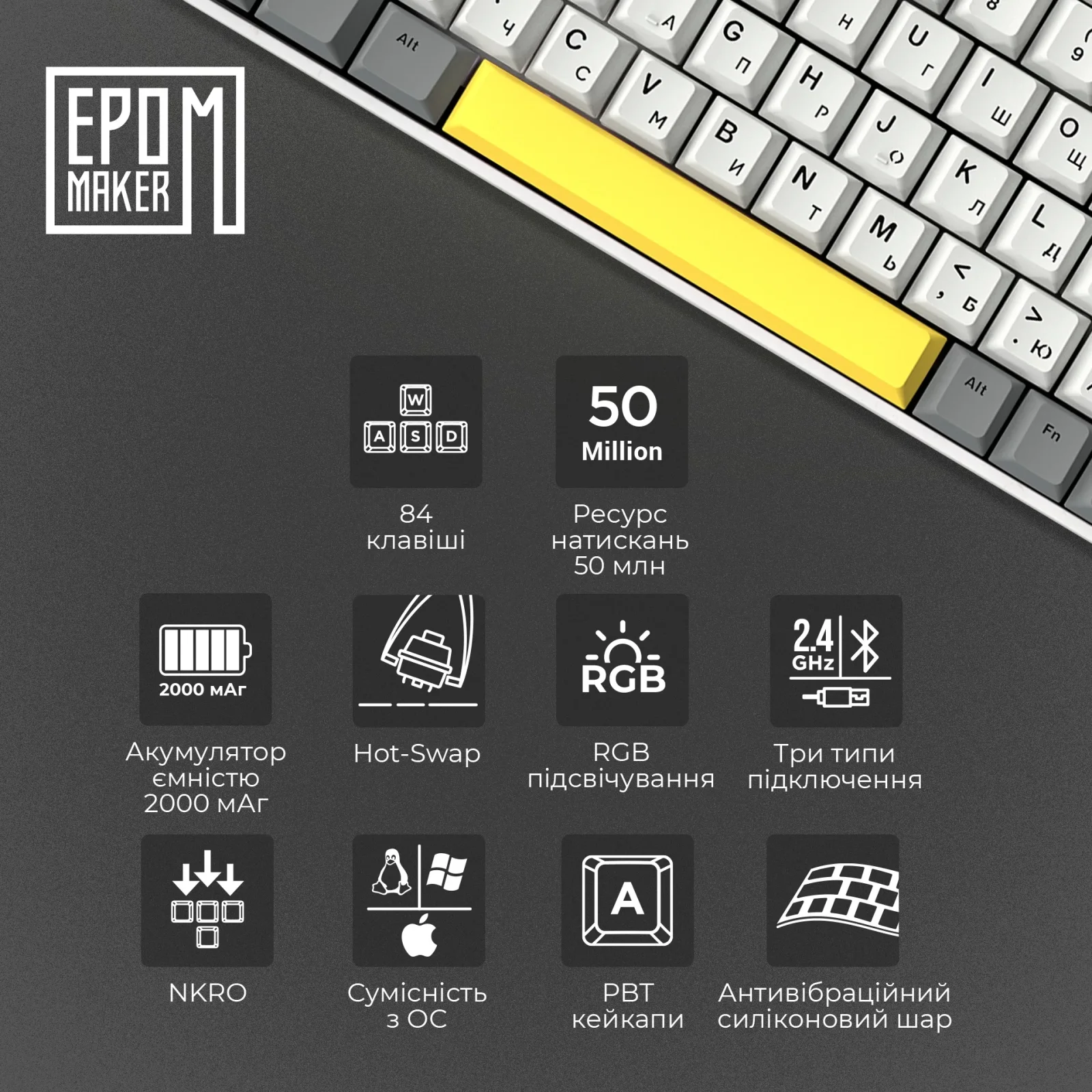 Клавиатура беспроводная Epomaker EP84 Plus 75% Wisteria Linear Switch Hot-Swap (2.4G/BT/USB) RGB UA White (EP84-W-WL) UA