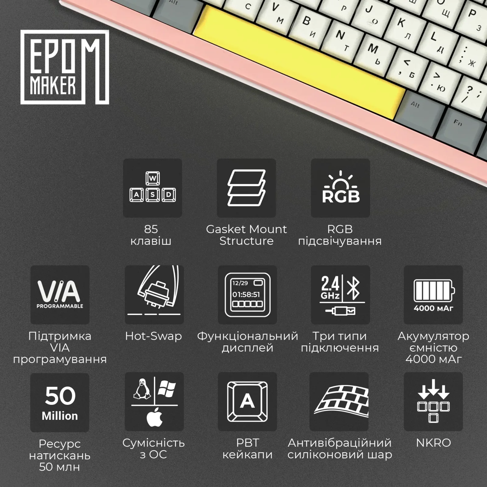 Клавиатура беспроводная Epomaker Shadow-S TKL Wisteria Linear Switch Hot-Swap (2.4G/BT/USB) LCD Screen RGB UA Pink (SHS-P-WL) UA