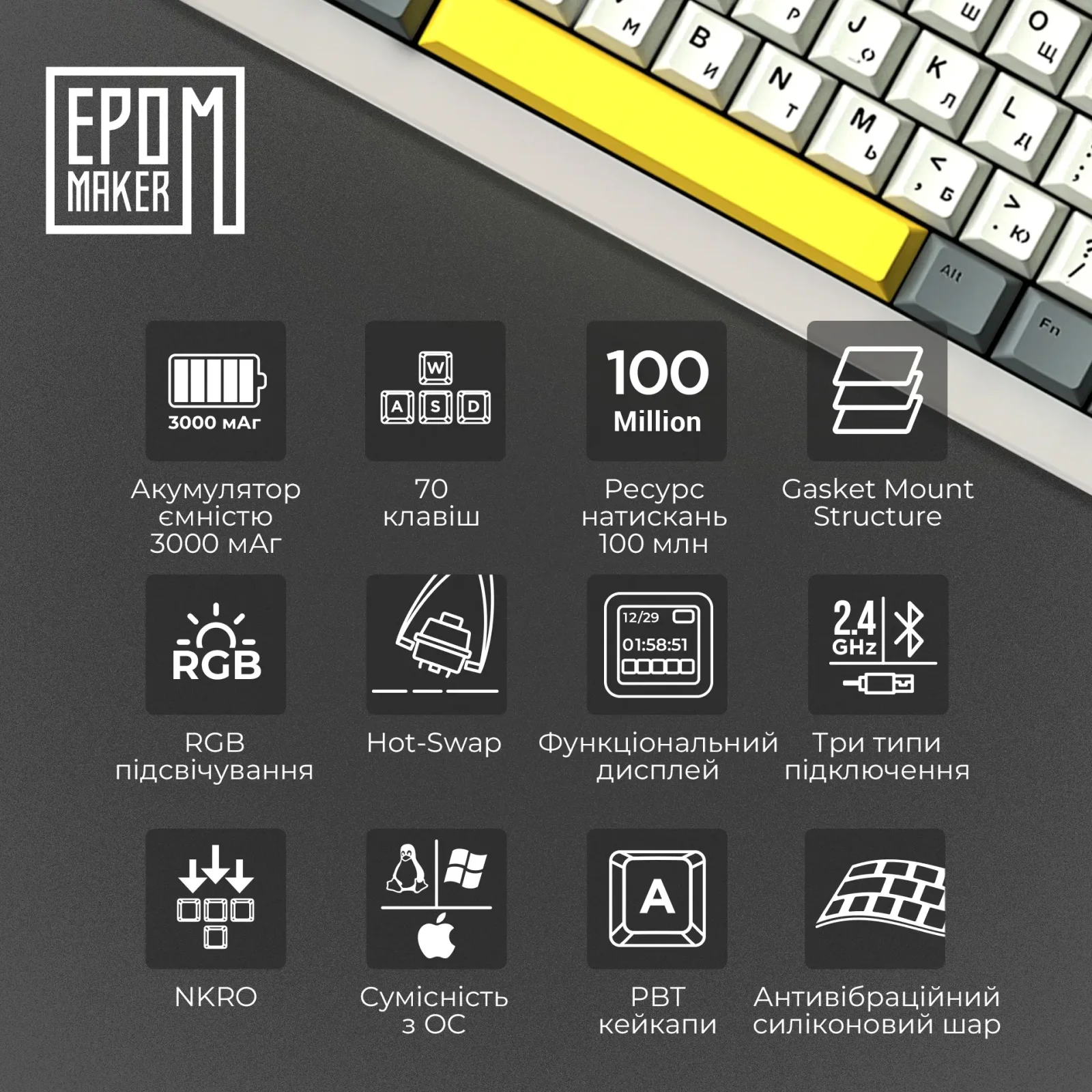 Клавиатура беспроводная Epomaker Shadow-X 70% Wisteria Linear Switch Hot-Swap (2.4G/BT/USB) LCD Screen RGB UA White (SHX-W-WL) UA