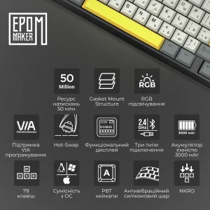 Клавиатура беспроводная Epomaker TH80 Pro V2 75% Sea Salt Silent Switch Hot-Swap (2.4G/BT/USB) LCD Screen RGB UA Black (TH80-PROV2-B-SS) UA