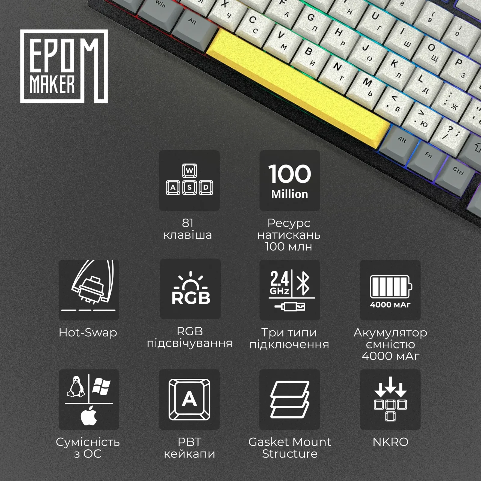 Клавиатура беспроводная Epomaker TH80 SE 75% Budgerigar V2 Switch Hot-Swap (2.4G/BT/USB) RGB UA Black (TH80-SE-B-BV2) UA