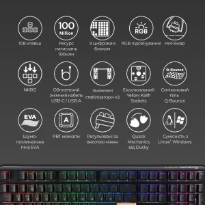 Клавиатура Ducky One 3 Cherry MX Red RGB UA USB Black (DKON2108ST-RUAPXCLAWSC1) UA