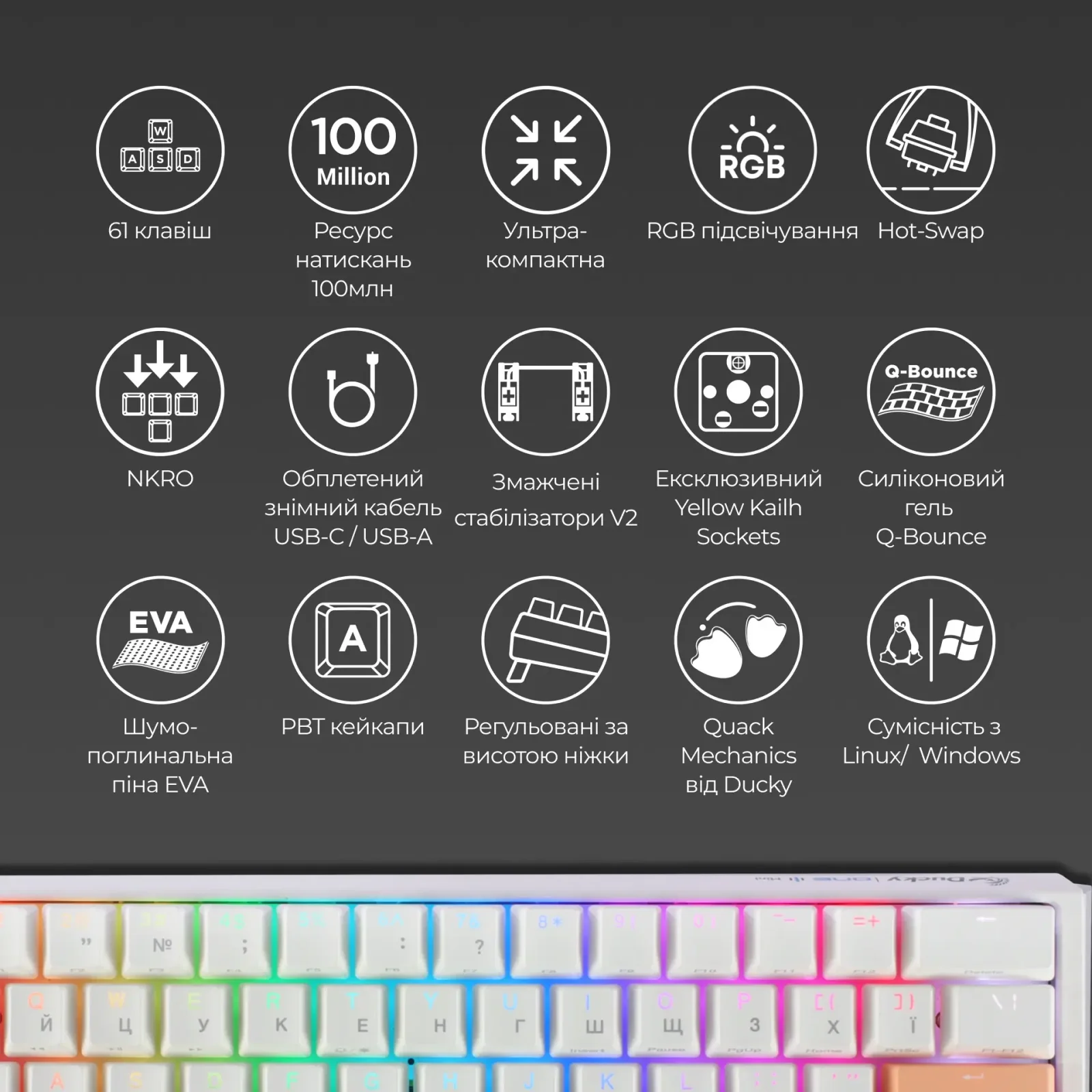 Клавиатура Ducky One 3 Mini Cherry MX Brown RGB UA USB White (DKON2161ST-BUAPXPWWWSC1) UA