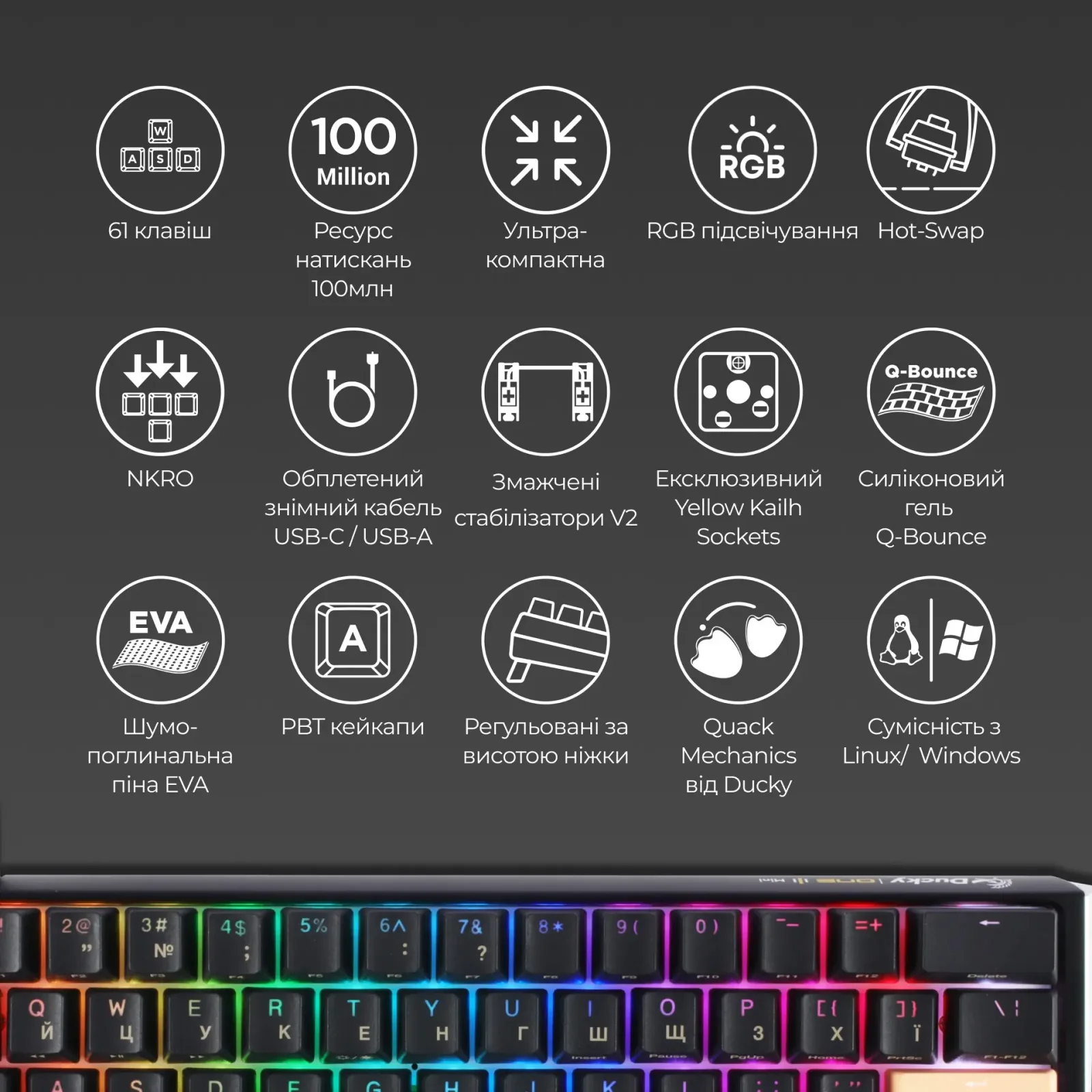 Клавиатура Ducky One 3 Mini Cherry MX Silent Red RGB UA USB Black (DKON2161ST-SUAPXCLAWSC1) UA