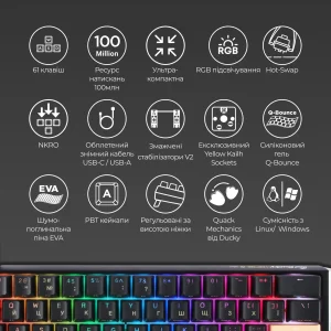 Клавиатура Ducky One 3 Mini Cherry MX Silent Red RGB UA USB Black (DKON2161ST-SUAPXCLAWSC1) UA
