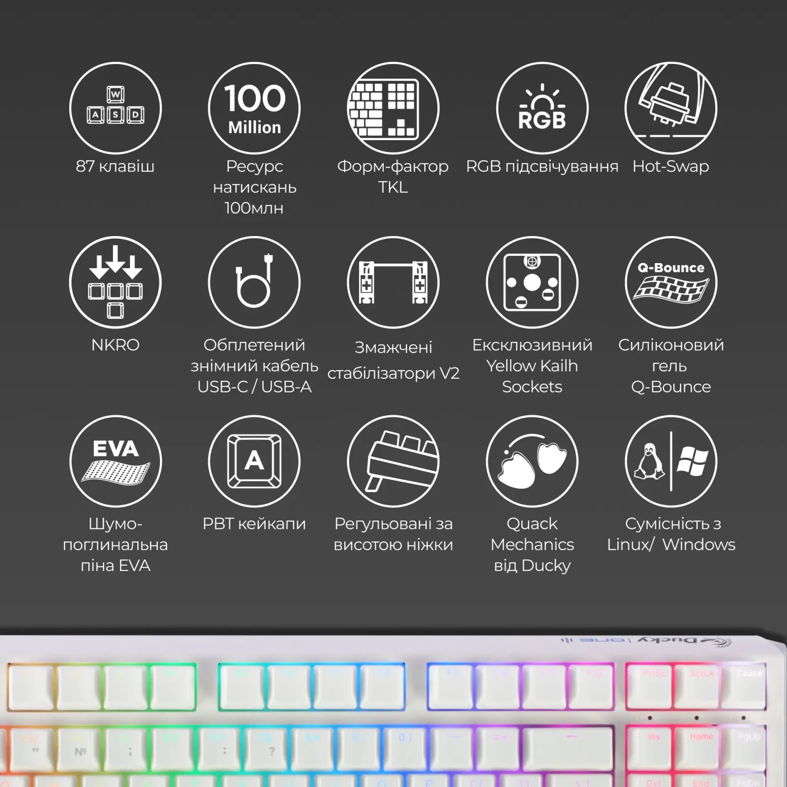 Клавиатура Ducky One 3 TKL Cherry MX Speed Silver RGB UA USB White (DKON2187ST-PUAPXPWWWSC1) UA