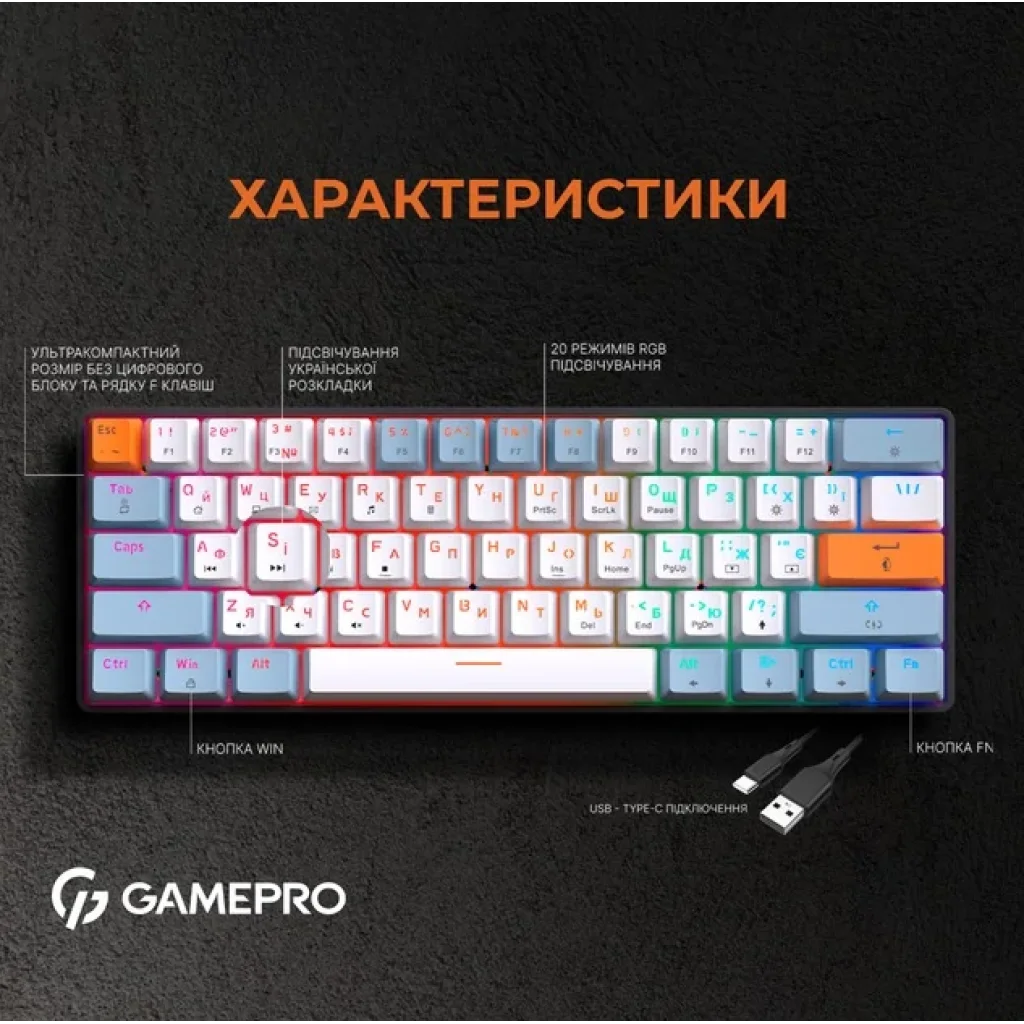 Клавиатура GamePro MK130R Red Swich Hot-Swap RGB Black UA