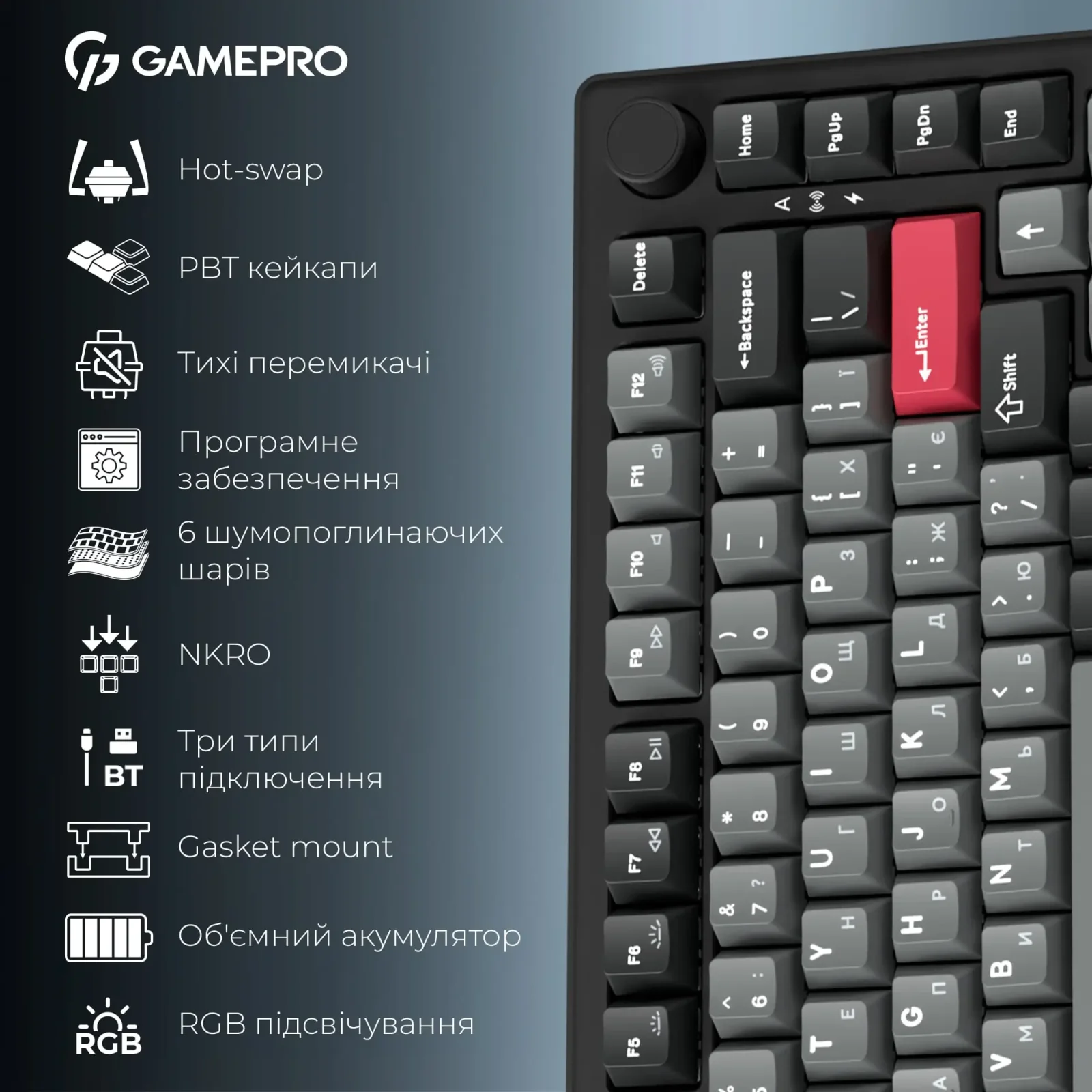 Клавіатура бездротова GamePro Asgard Yord Keychron Super Red Switch Black (MK266BK) UA