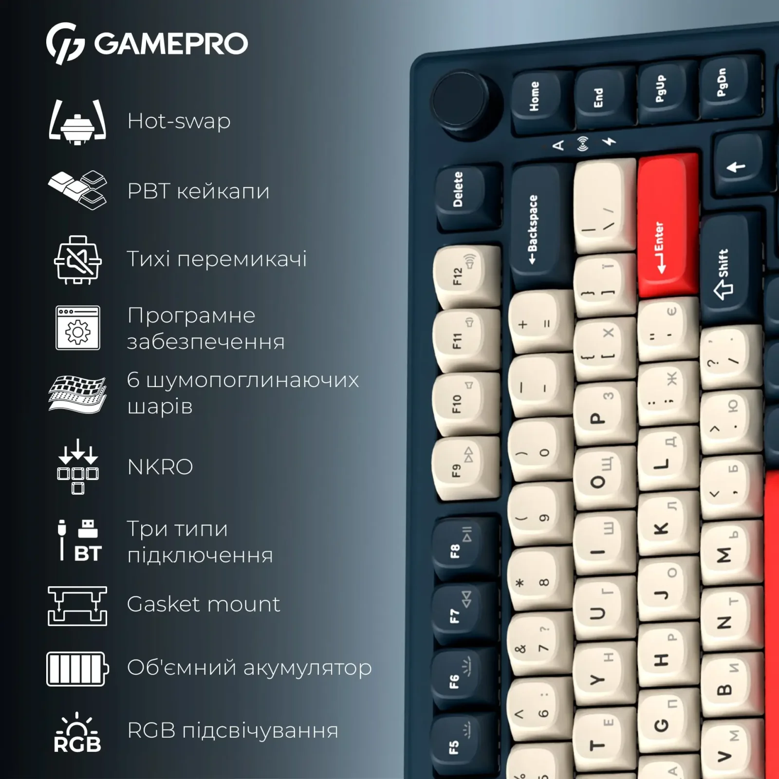Клавіатура бездротова GamePro Asgard Yord Keychron Super Red Switch Blue (MK266BL) UA