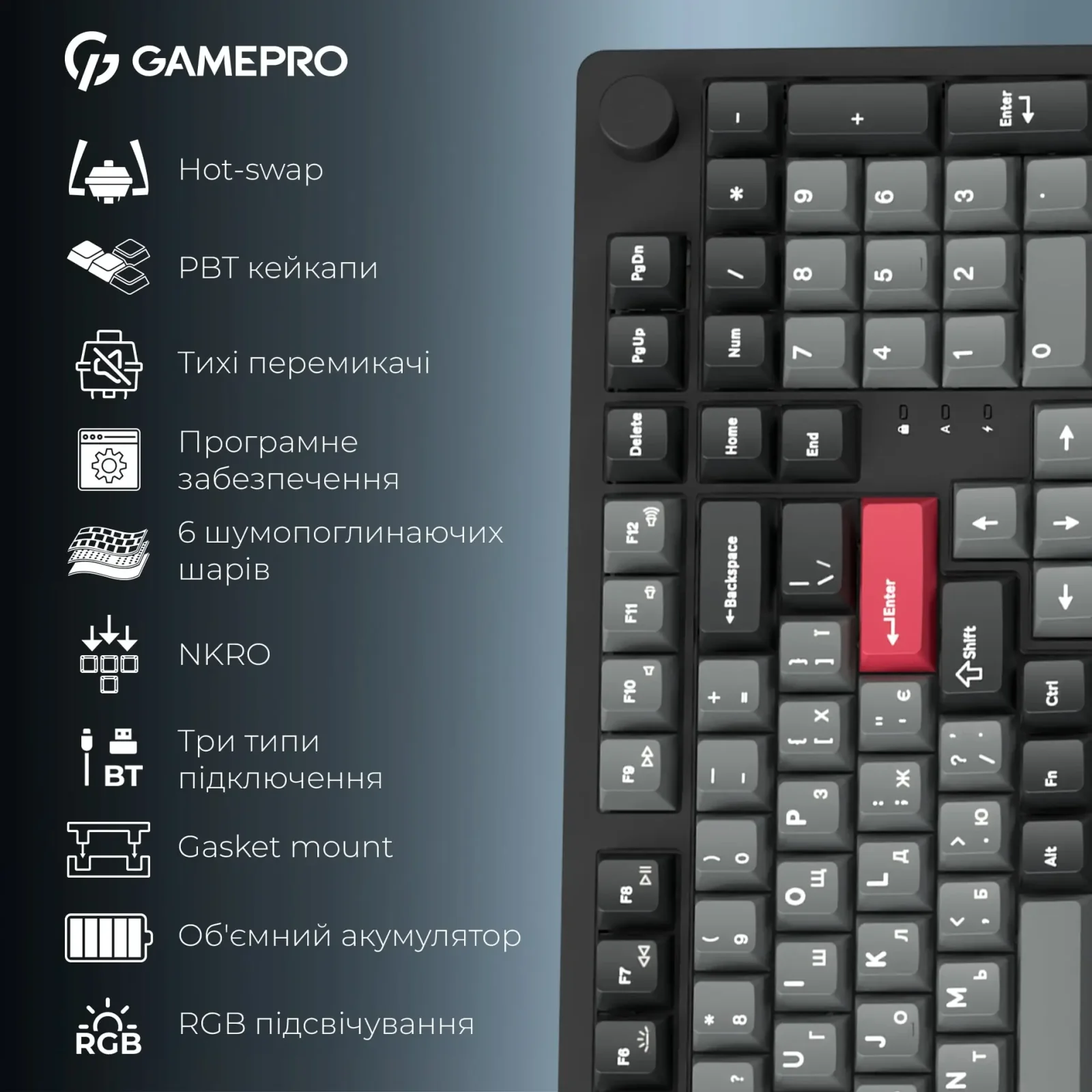 Клавиатура беспроводная GamePro Asgard Drakkar Keychron Super Red Switch Black (MK305BK) UA