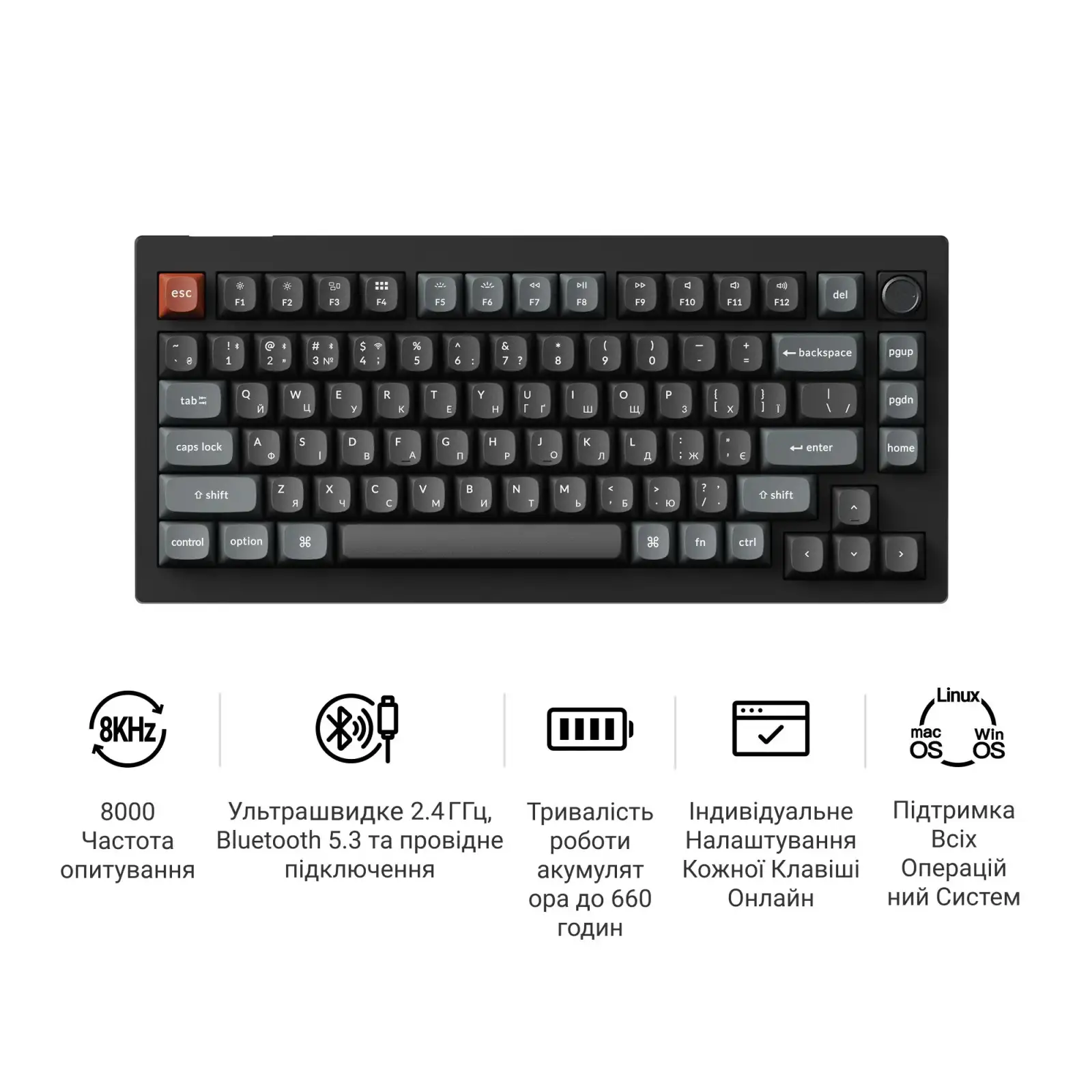 Клавіатура бездротова Keychron V1 Ultra Keychron Red Switch Black RGB (V1U-D1-UA) UA