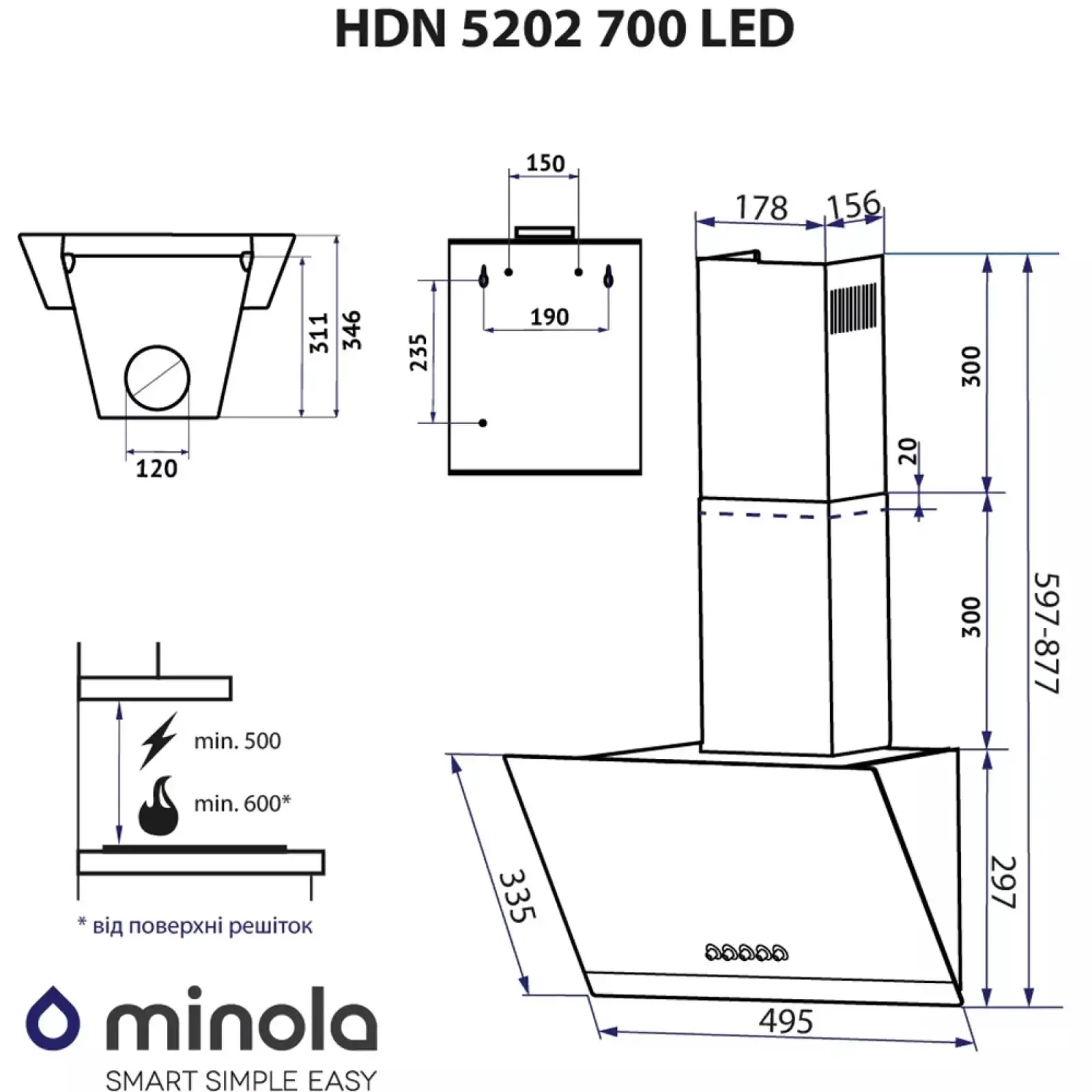 Витяжка Minola HDN 5202 WH/INOX 700 LED UA