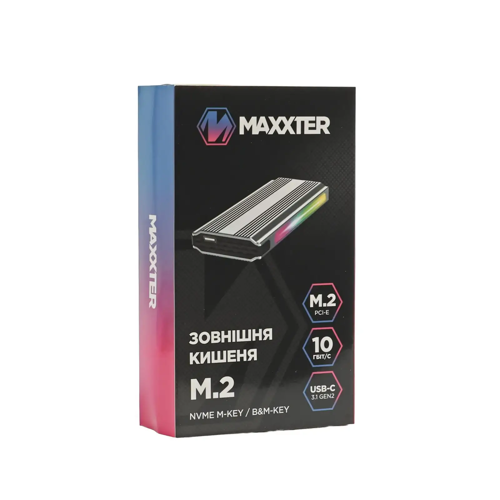 Зовнішня кишеня Maxxter M.2 NVMe PCIe, USB 3.1 Type-C Gen2, RGB, Metal, Black (EHDE-2280SRGB-01) UA