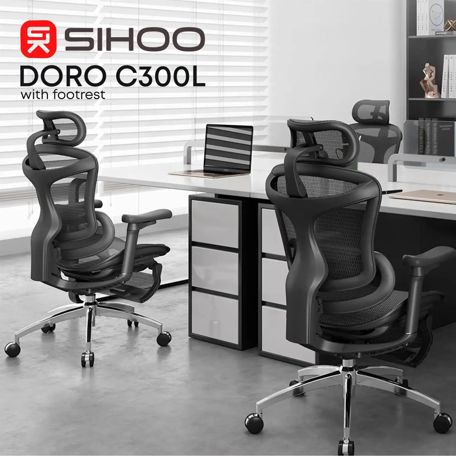 Крісло офісне Sihoo Doro C300L Mesh Black with footrest (Doro-C300L-A3-101-JT) UA
