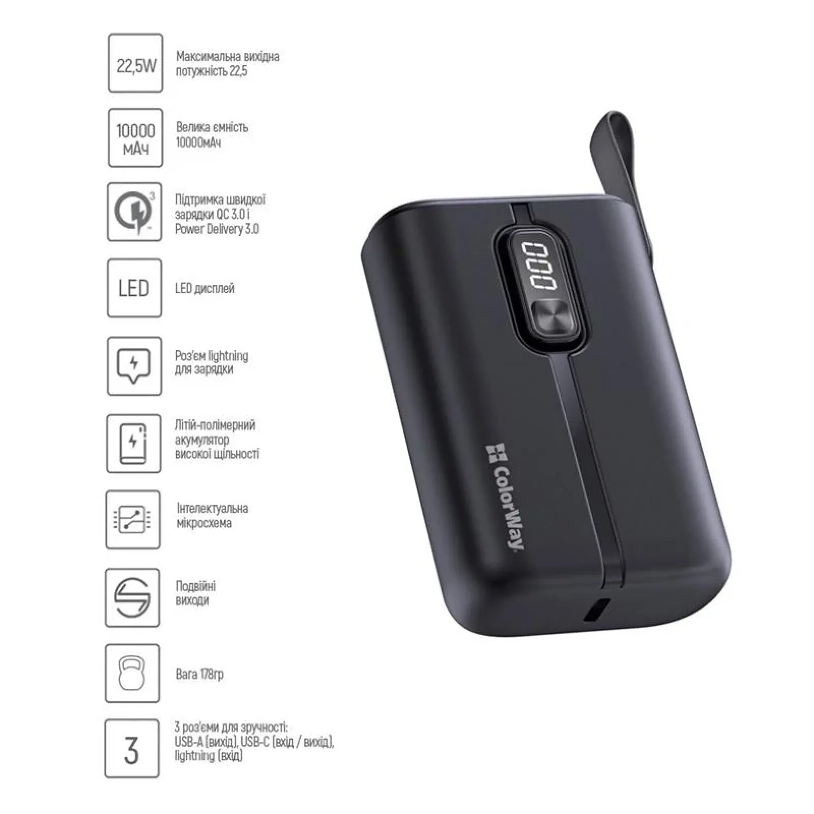 Зовнішній акумулятор ColorWay Full Power 10000mAh Black (CW-PB100LPK2BK-PDD) UA