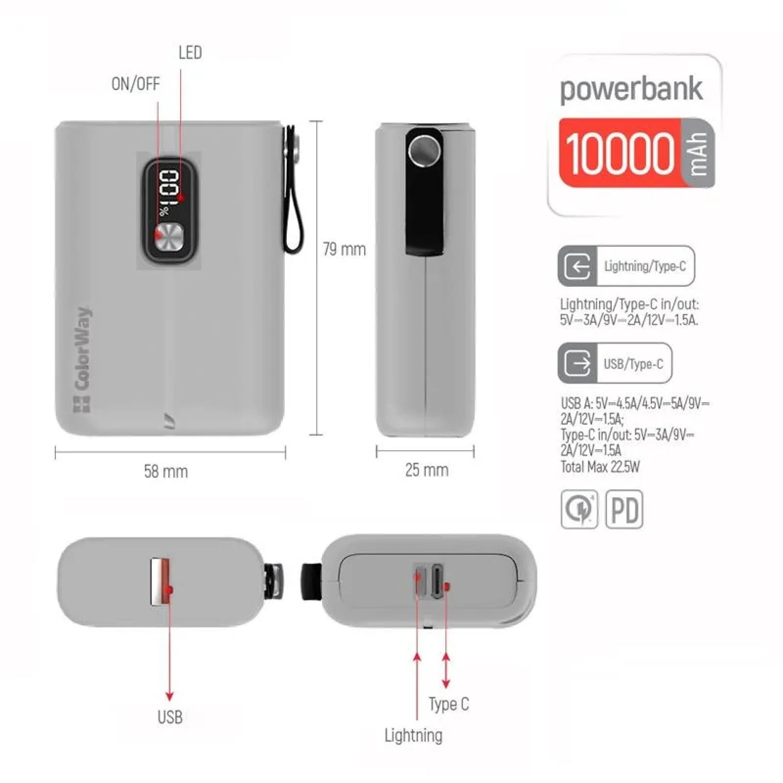 Зовнішній акумулятор ColorWay Full Power 10000mAh White (CW-PB100LPK2WT-PDD) UA
