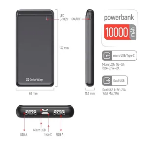 Зовнішній акумулятор ColorWay Slim 10000mAh Black (CW-PB100LPF2BK) UA