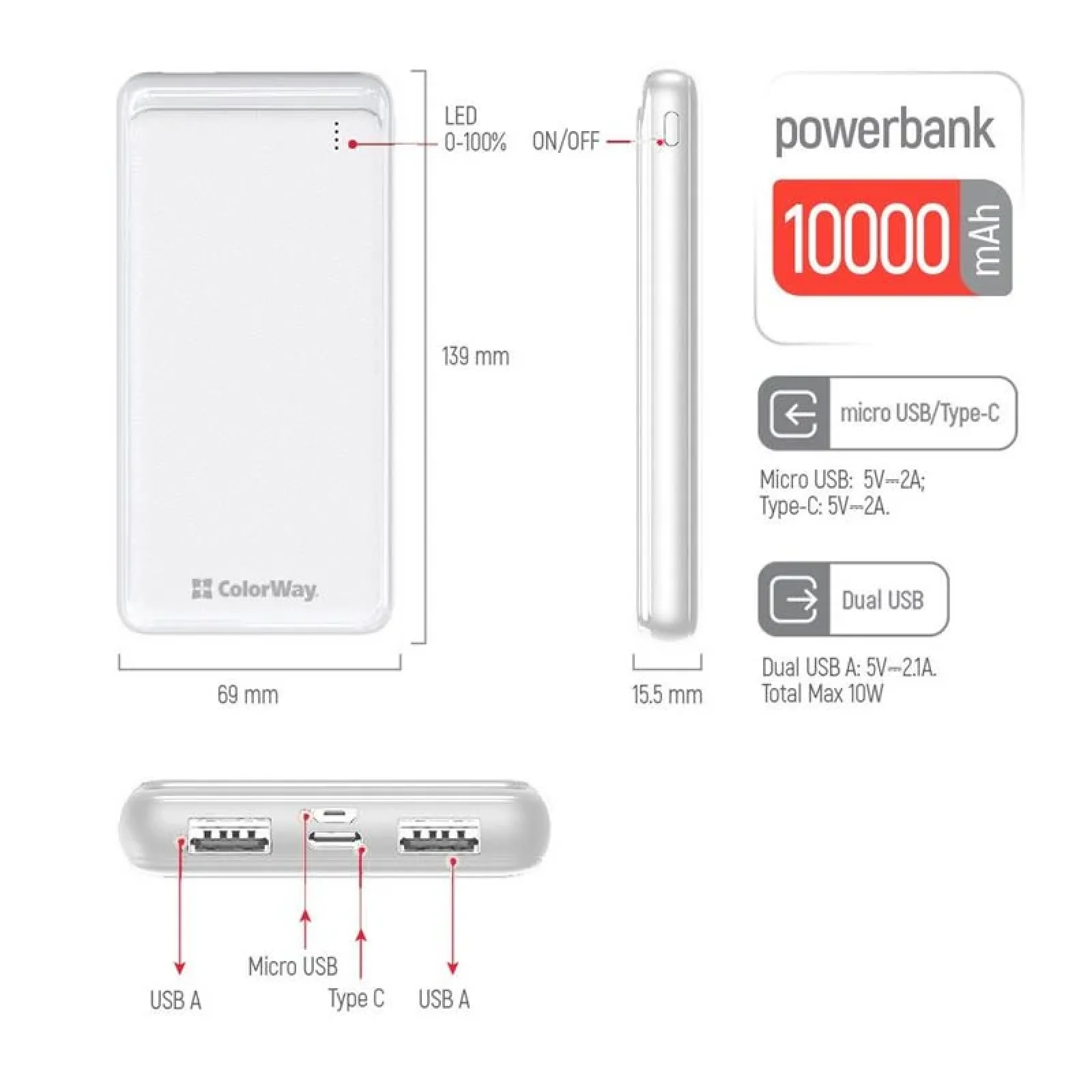 Зовнішній акумулятор ColorWay Slim 10000mAh White (CW-PB100LPF2WT) UA