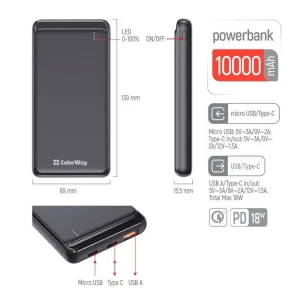 Зовнішній акумулятор ColorWay Slim PD 10000mAh Black (CW-PB100LPG3BK-PD) UA