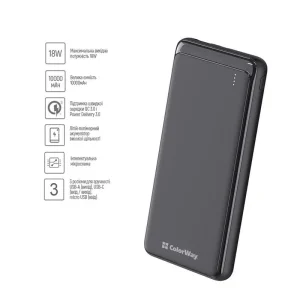 Зовнішній акумулятор ColorWay Slim PD 10000mAh Black (CW-PB100LPG3BK-PD) UA