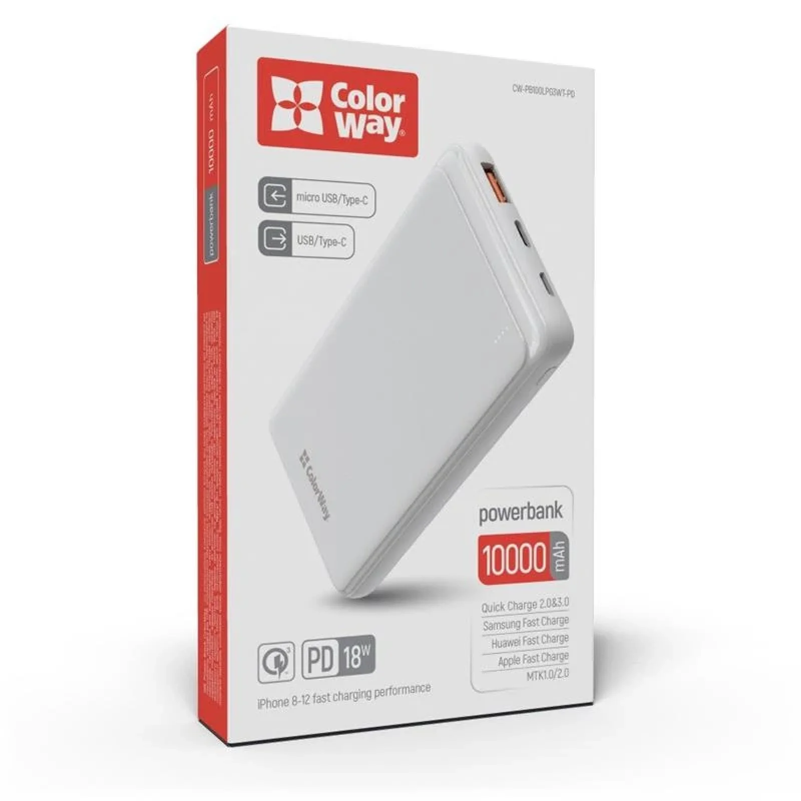 Зовнішній акумулятор ColorWay Slim PD 10000mAh White (CW-PB100LPG3WT-PD) UA