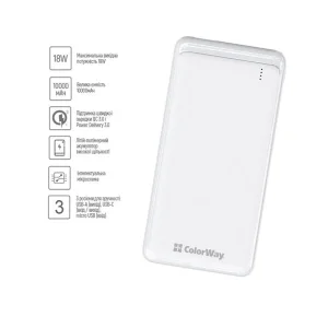 Зовнішній акумулятор ColorWay Slim PD 10000mAh White (CW-PB100LPG3WT-PD) UA
