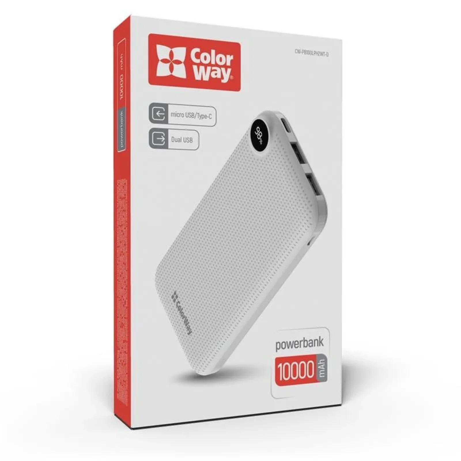 Зовнішній акумулятор ColorWay Slim, LCD 10000mAh White (CW-PB100LPH2WT-D) UA