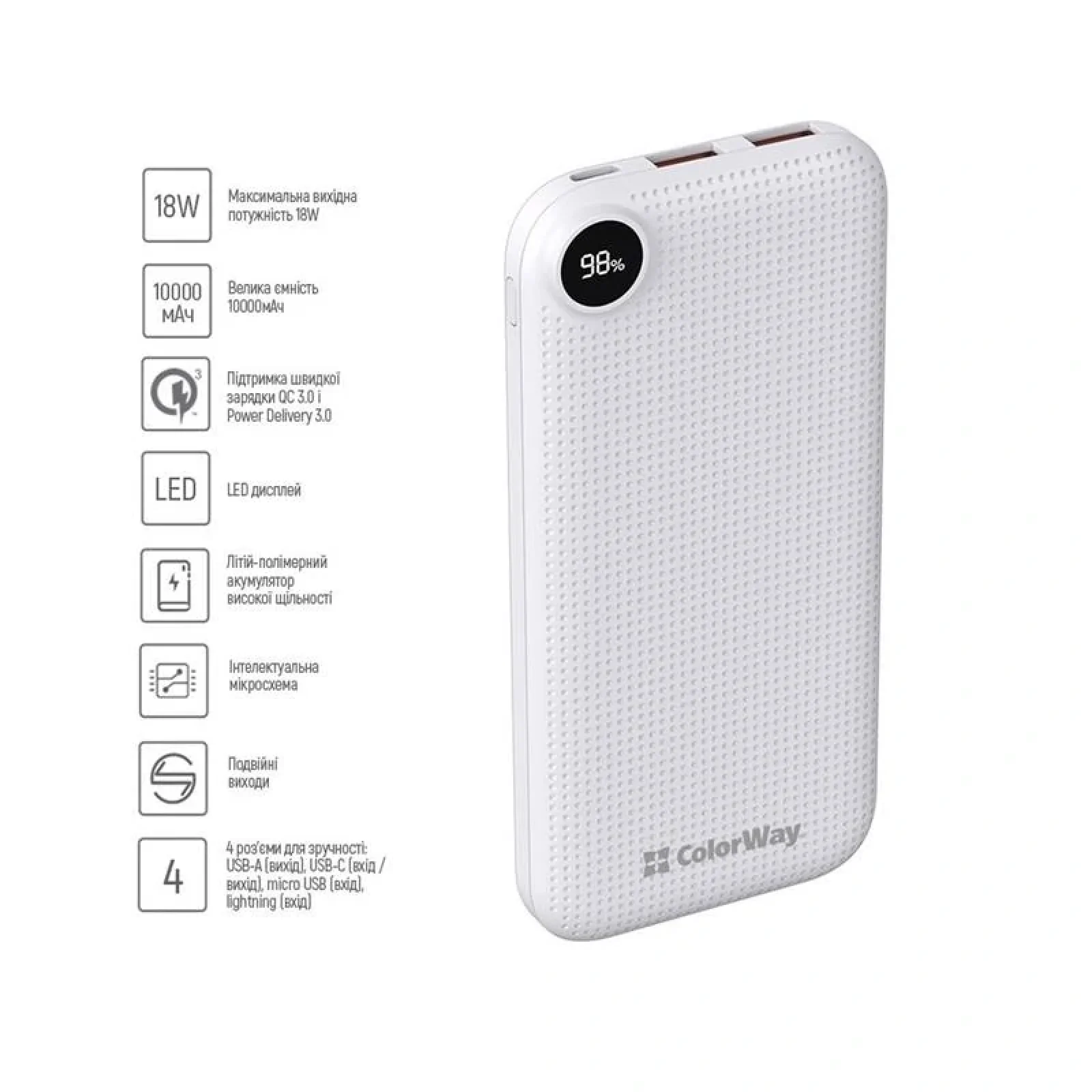 Зовнішній акумулятор ColorWay Slim, LCD 10000mAh White (CW-PB100LPH2WT-D) UA