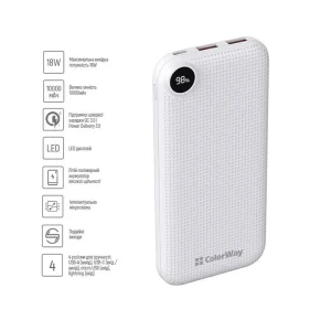 Зовнішній акумулятор ColorWay Slim, LCD 10000mAh White (CW-PB100LPH2WT-D) UA