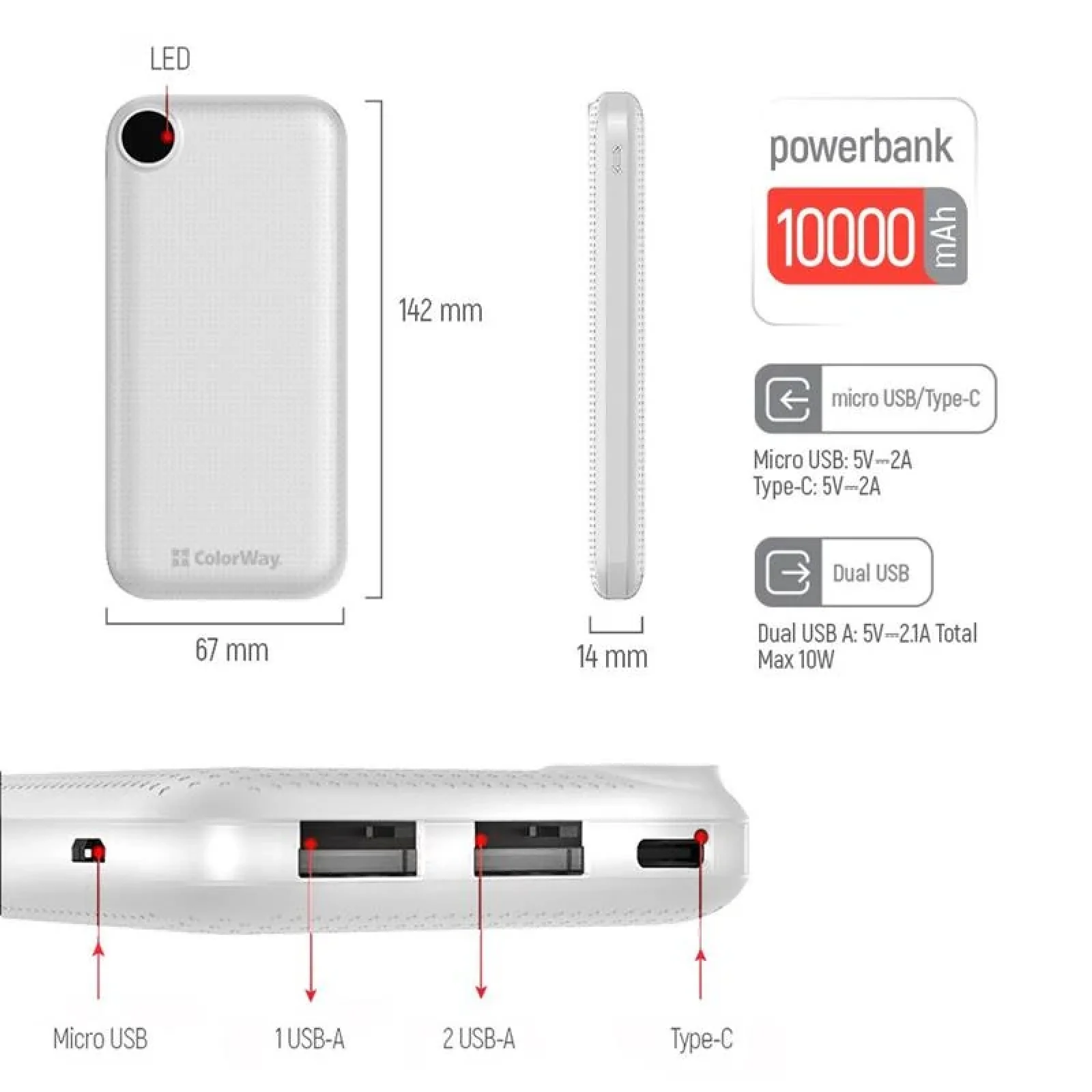 Зовнішній акумулятор ColorWay Slim, LCD 10000mAh White (CW-PB100LPH2WT-D) UA