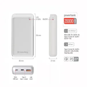 Зовнішній акумулятор ColorWay Slim 20000mAh White (CW-PB200LPG3WT-PD) UA