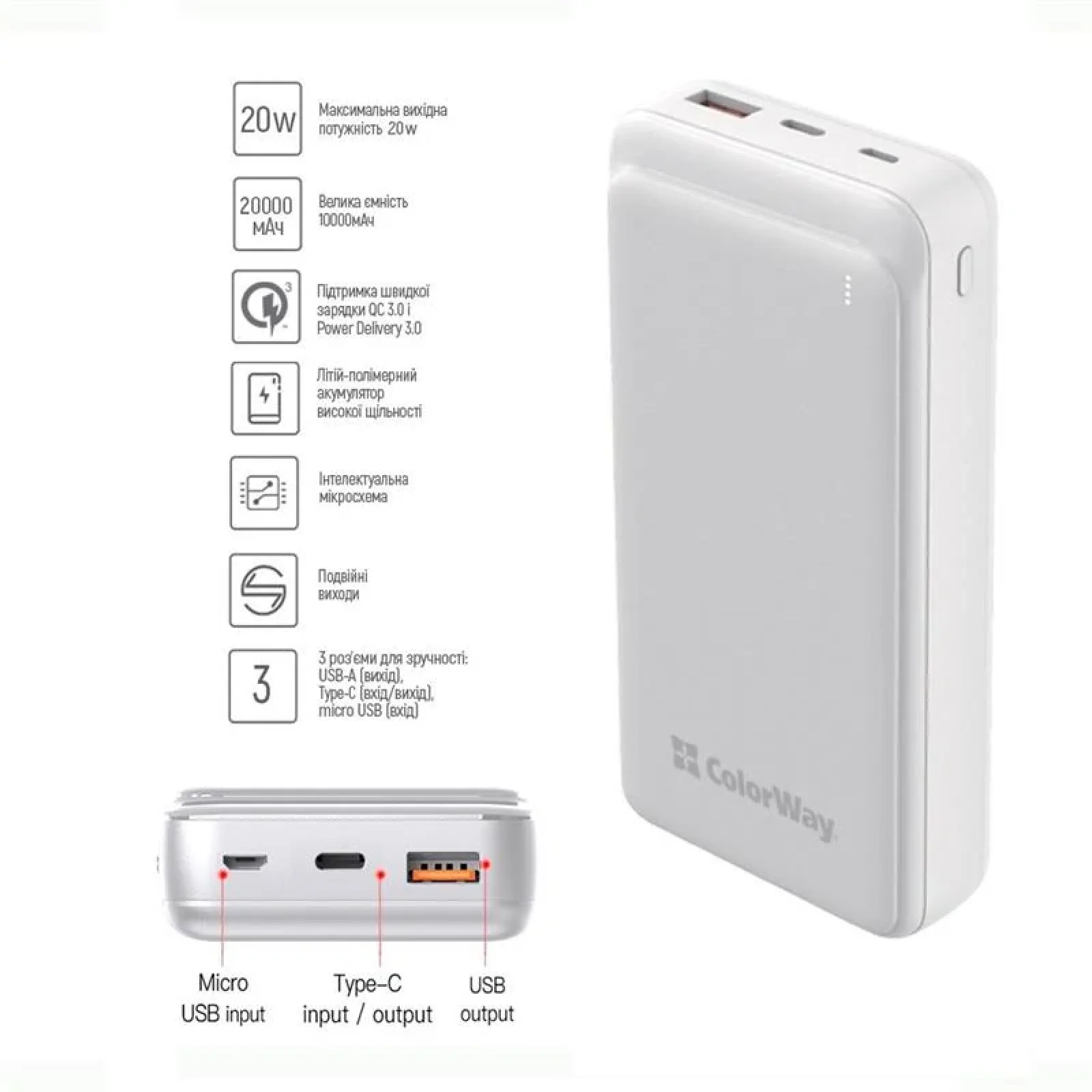 Зовнішній акумулятор ColorWay Slim 20000mAh White (CW-PB200LPG3WT-PD) UA