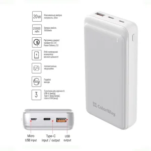 Зовнішній акумулятор ColorWay Slim 20000mAh White (CW-PB200LPG3WT-PD) UA