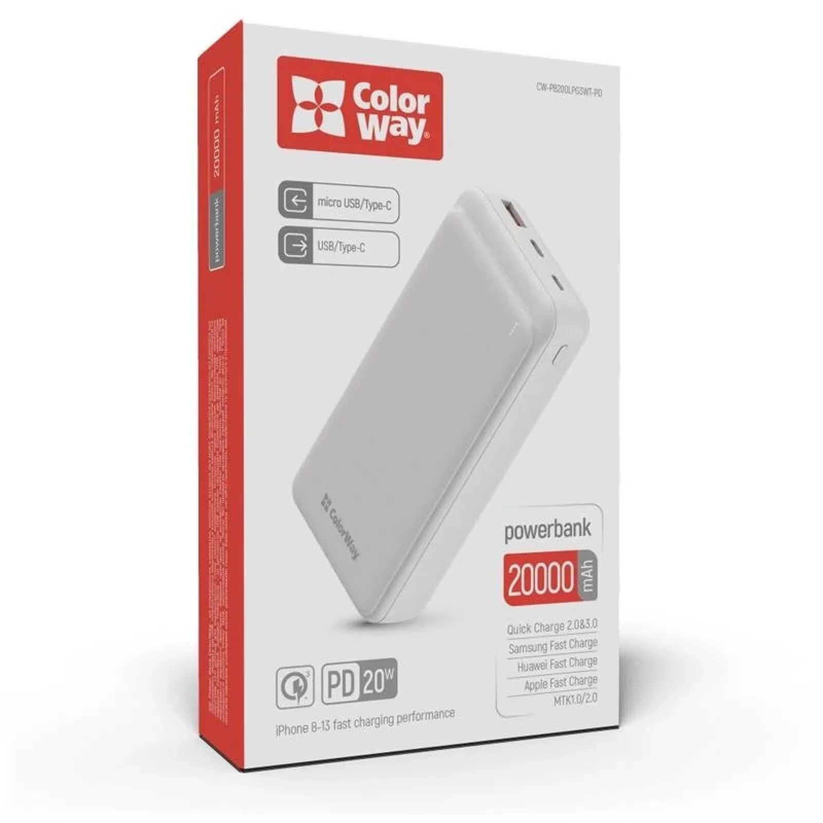 Зовнішній акумулятор ColorWay Slim 20000mAh White (CW-PB200LPG3WT-PD) UA