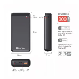 Зовнішній акумулятор ColorWay Slim 20000mAh Black (CW-PB200LPG3BK-PD) UA