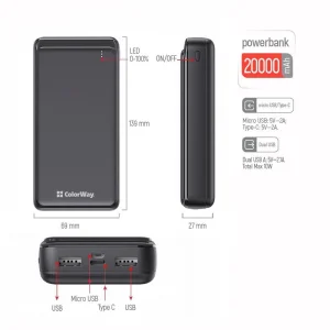 Зовнішній акумулятор ColorWay Slim 20000mAh Black (CW-PB200LPD2BK) UA
