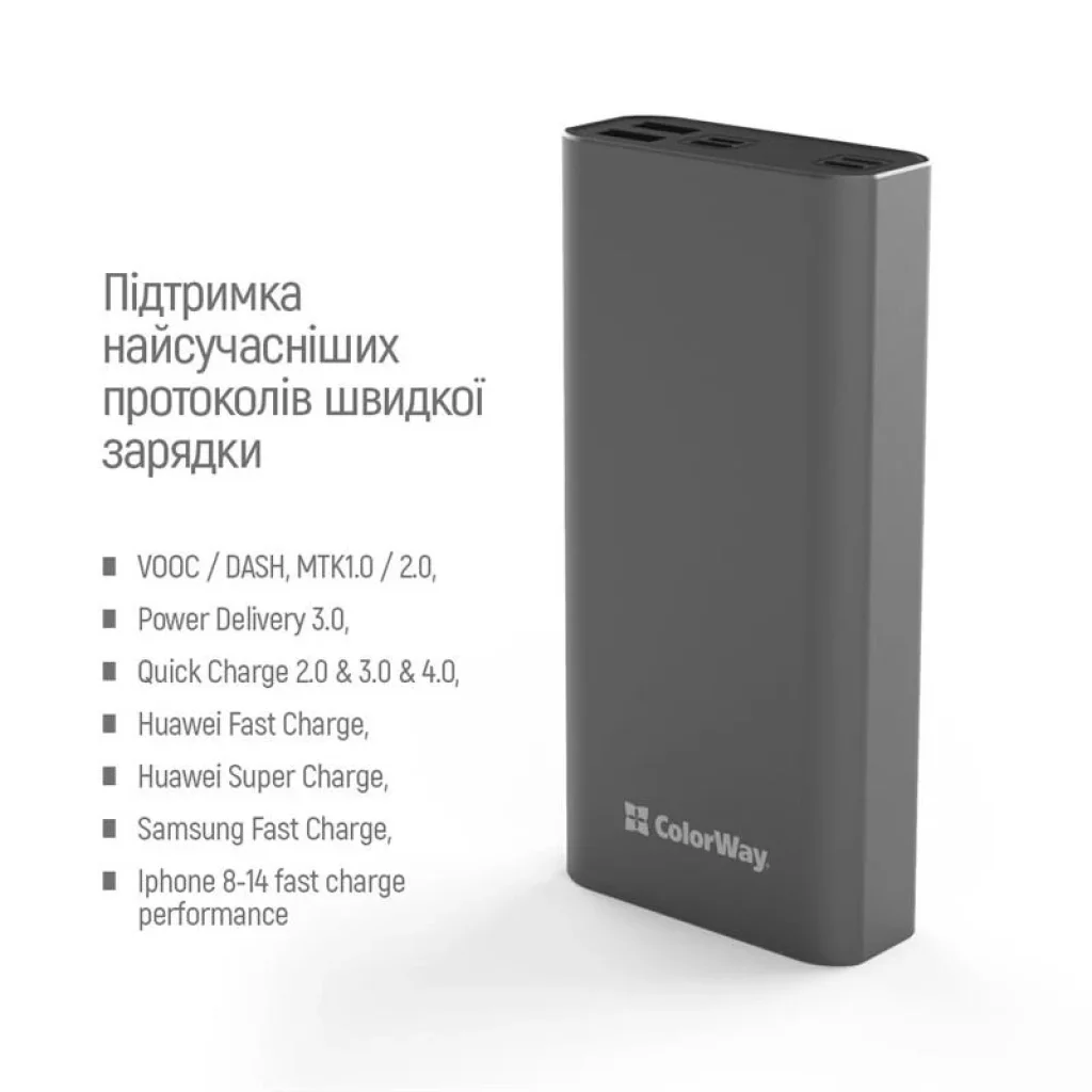 Зовнішній акумулятор ColorWay 20000mAh Gray (CW-PB200LPH3GR-PDD) UA