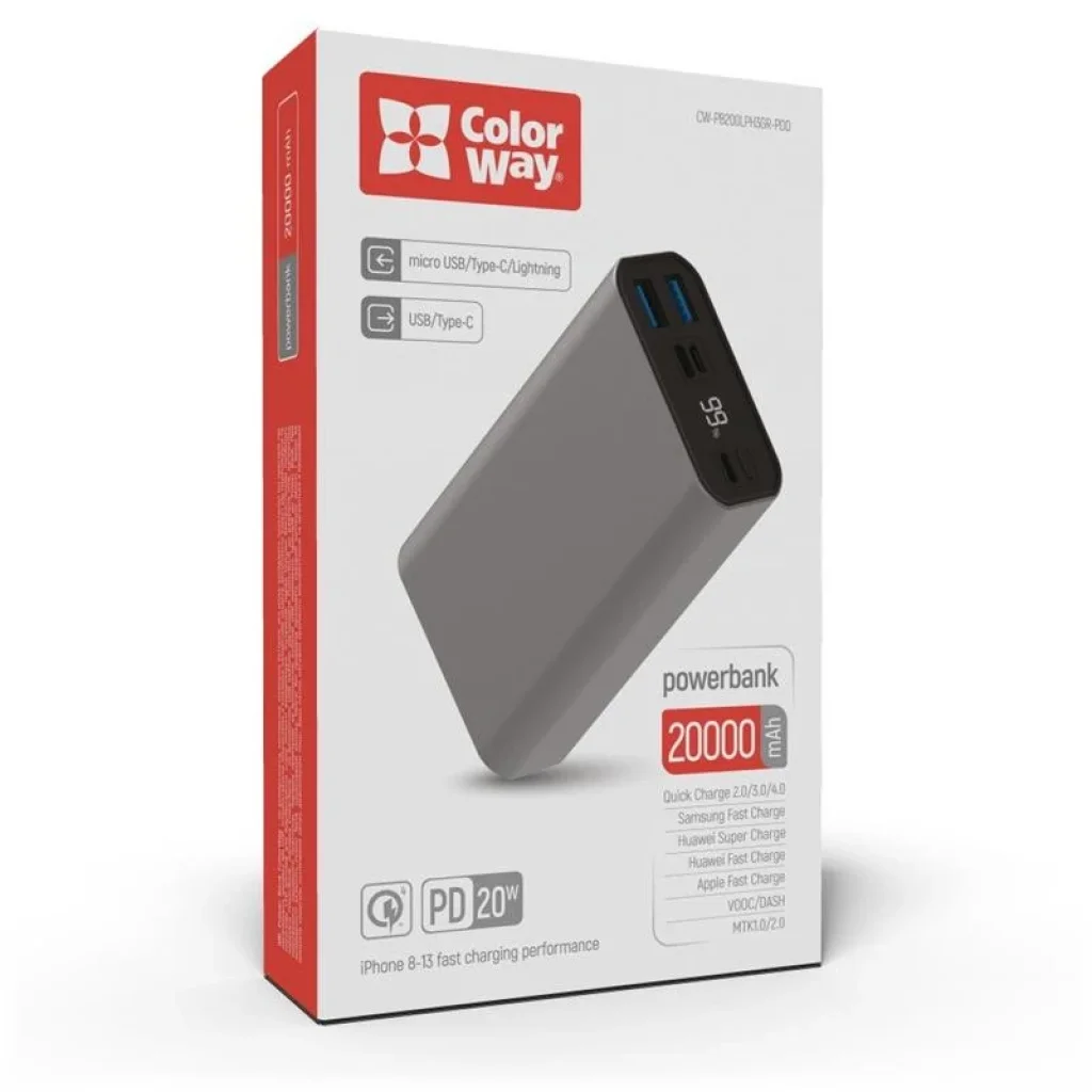 Зовнішній акумулятор ColorWay 20000mAh Gray (CW-PB200LPH3GR-PDD) UA