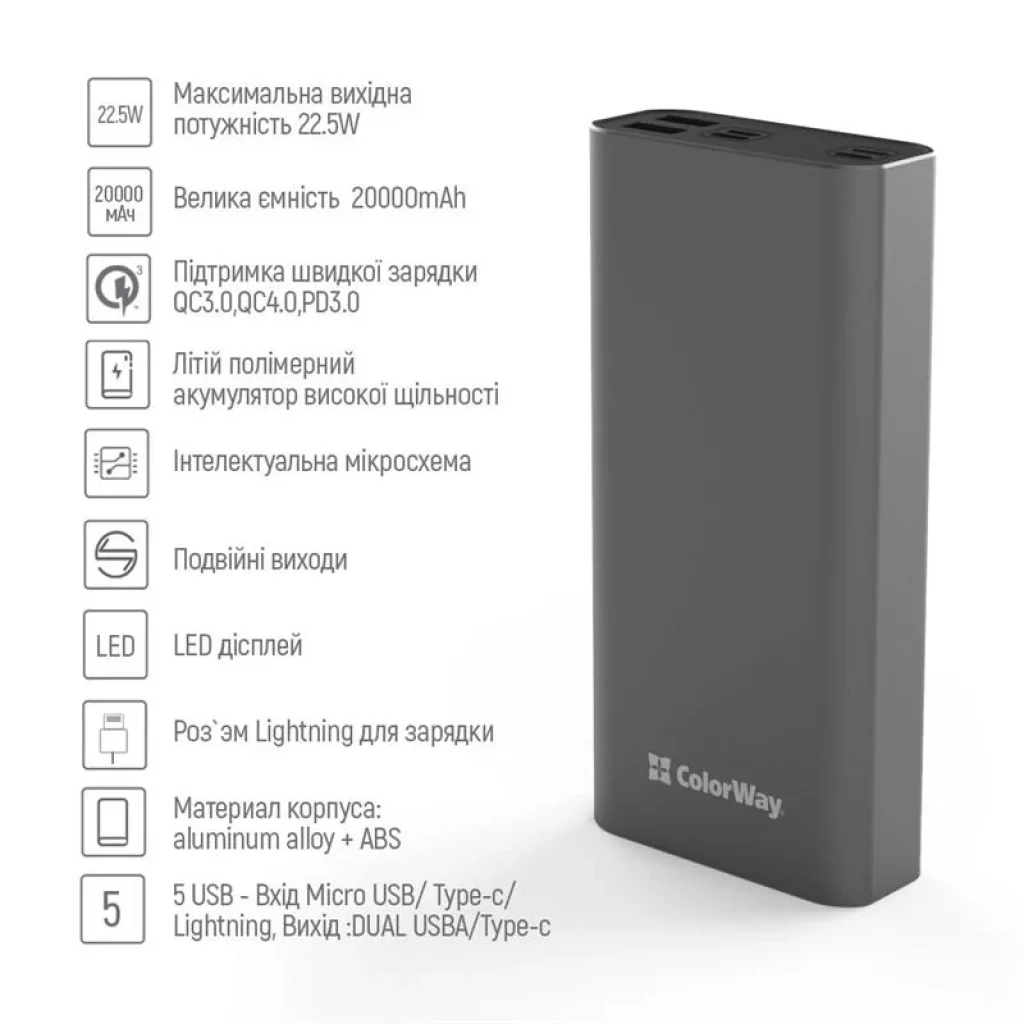 Зовнішній акумулятор ColorWay 20000mAh Gray (CW-PB200LPH3GR-PDD) UA